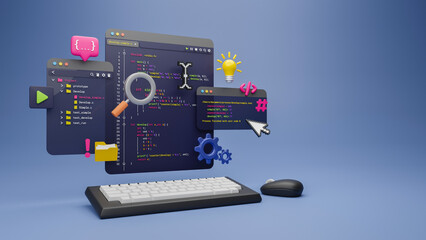 Programmer developer typing script source languages coding symbols  icon development project data programming software engineering IT technologies computer. 3d rendering.