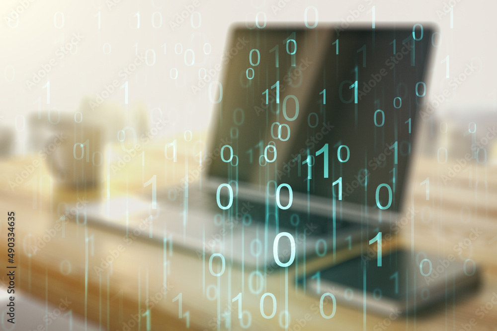 Poster creative abstract binary code hologram and modern desktop with pc on background, ai and machine lear
