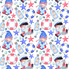 Seamless pattern with starfish, ship, crab, anchor, lifebuoy. Watercolor illustration. Summer sea background.
