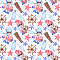 Seamless pattern with starfish, ship, crab, anchor, lifebuoy. Watercolor illustration. Summer sea background.