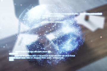 Multi exposure of abstract programming language hologram with world map and modern desk with...