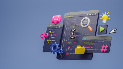 Programmer developer typing script source languages coding symbols  icon development project data programming software engineering IT technologies computer. 3d rendering. - obrazy, fototapety, plakaty
