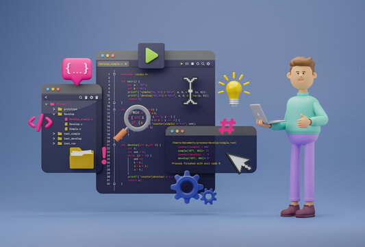 Programmer developer typing script source languages coding symbols  icon development project data programming software engineering IT technologies computer. 3d rendering.
