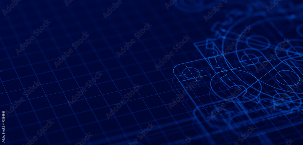 Fototapete Blueprints engineer technician design drawing mechanical gear engineering Engine factory Industry Industrial technology project abstract presentation cover banner background. 3d rendering.