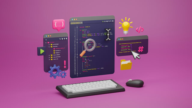 Programmer developer typing script source languages coding symbols  icon development project data programming software engineering IT technologies computer. 3d rendering.