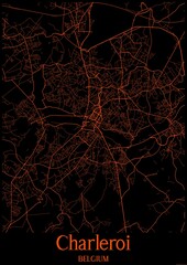 Black and orange halloween map of Charleroi Belgium.This map contains geographic lines for main and secondary roads.