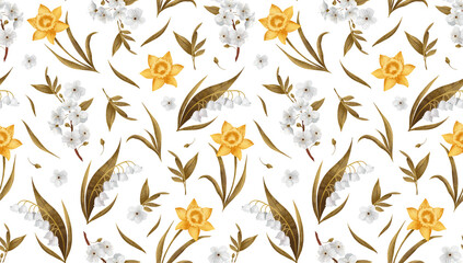 seamless floral pattern with white lily of the valley, yellow daffodil and apple blossom buds, white background 2d illustration