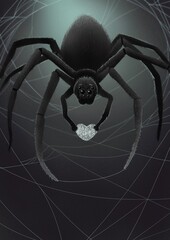 a cute spider weaves a heart out of a web and holds it in its paws, 2d illustration