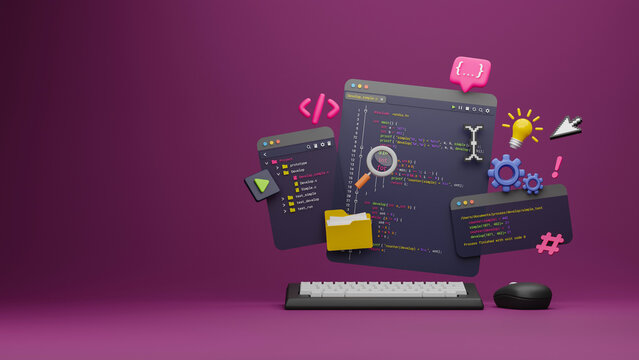 Programmer developer typing script source languages coding symbols  icon development project data programming software engineering IT technologies computer. 3d rendering.