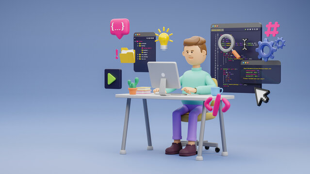Programmer developer typing script source languages coding symbols  icon development project data programming software engineering IT technologies computer. 3d rendering.