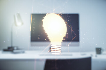 Creative light bulb illustration on modern computer background, future technology concept. Multiexposure