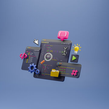 Programmer developer typing script source languages coding symbols  icon development project data programming software engineering IT technologies computer. 3d rendering.