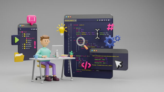 Programmer developer typing script source languages coding symbols  icon development project data programming software engineering IT technologies computer. 3d rendering.