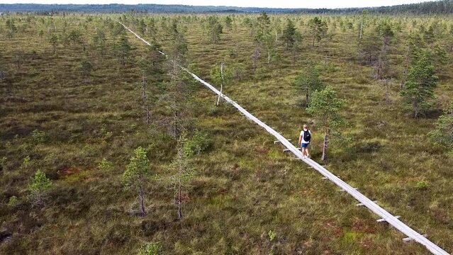 A solo man walking along a boardwalk in a wide and empty bog field in summer. Recorded in Nigula bog in Estonia.