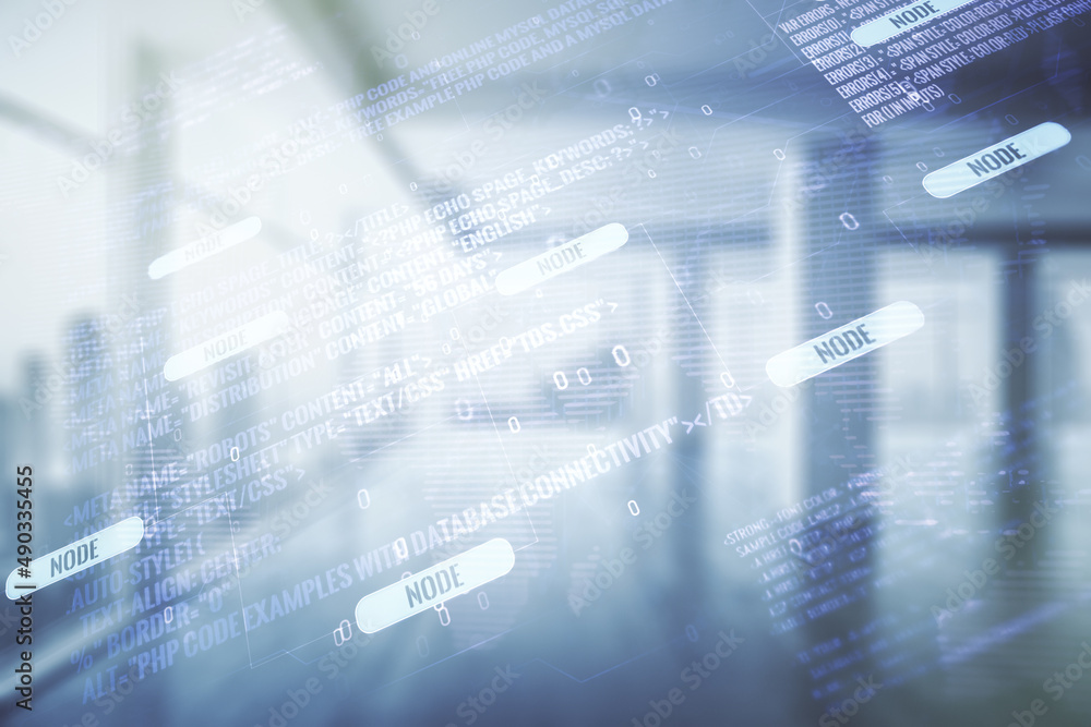 Aufkleber abstract virtual coding concept and world map hologram on empty corporate office background. multiex