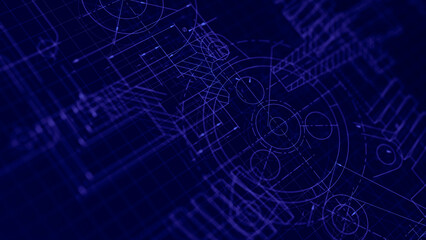Blueprints engineer technician design drawing mechanical gear engineering Engine factory Industry Industrial technology project abstract presentation cover banner background. 3d rendering.