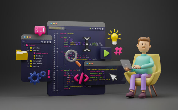Programmer developer typing script source languages coding symbols  icon development project data programming software engineering IT technologies computer. 3d rendering.