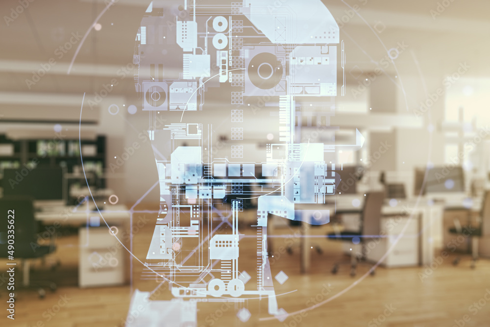 Poster abstract virtual artificial intelligence concept with human head sketch on a modern furnished classr