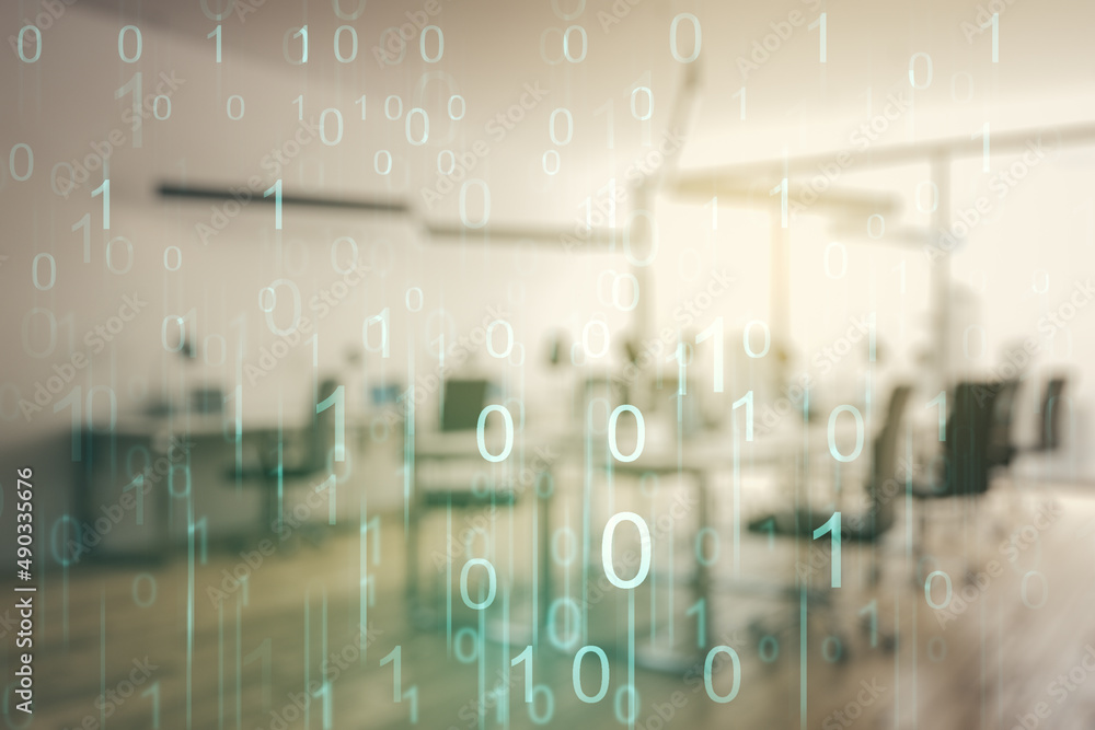 Poster abstract virtual binary code hologram on a modern furnished classroom background, ai and machine lea