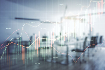 Abstract virtual financial graph hologram on a modern furnished office background, forex and investment concept. Multiexposure