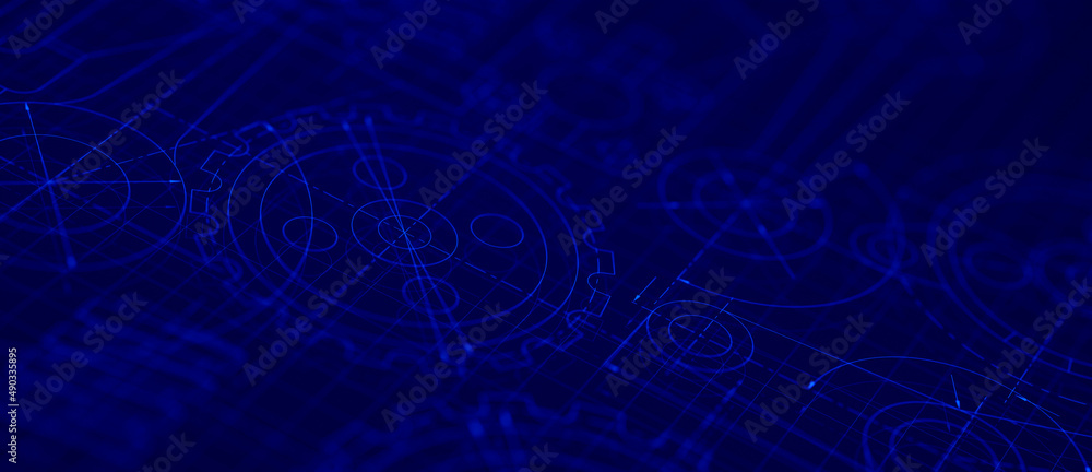 Aufkleber Blueprints engineer technician design drawing mechanical gear engineering Engine factory Industry Industrial technology project abstract presentation cover banner background. 3d rendering.
