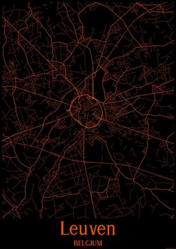 Black and orange halloween map of Leuven Belgium.This map contains geographic lines for main and secondary roads.
