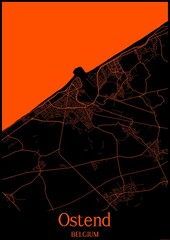 Black and orange halloween map of Ostend Belgium.This map contains geographic lines for main and secondary roads.