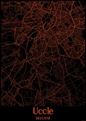 Black and orange halloween map of Uccle Belgium.This map contains geographic lines for main and secondary roads.