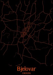 Black and orange halloween map of Bjelovar Croatia.This map contains geographic lines for main and secondary roads.