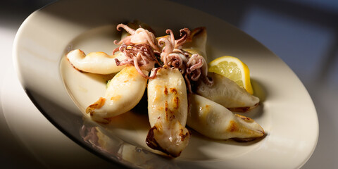 Fototapeta na wymiar Banner size image of grilled squids on a plate in restaurant