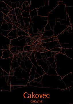 Black and orange halloween map of Cakovec Croatia.This map contains geographic lines for main and secondary roads.