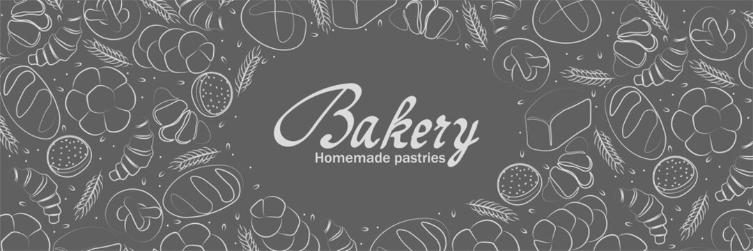 Trendy Vector Horizontal Background For Bakery Or Cafe.Illustrations Of Buns,bread,baguette,and Other Pastries For Packaging,labels,or Signage.Line Art Of Food For Banner, Flyer Or Menu.Lettering