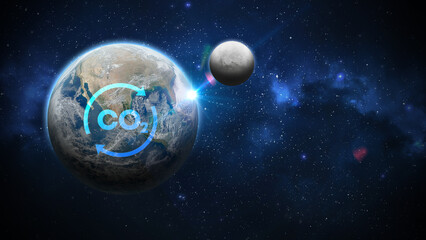 Obraz na płótnie Canvas Planeta terra visto do espaço com a lua cheia, seu satélite natural com símbolo de emissão de gás carbônico co2, construído no photoshop em composição de camadas digital