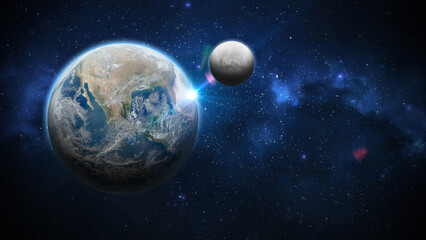 Fototapeta na wymiar Planeta terra visto do espaço com a lua cheia, seu satélite natural construído no photoshop em composição de camadas digital