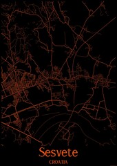 Black and orange halloween map of Sesvete Croatia.This map contains geographic lines for main and secondary roads.
