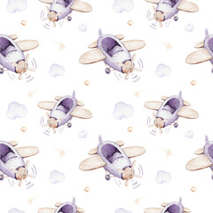 Watercolor purple illustration of a cute and fancy sky scene complete with airplanes and balloons, clouds. Baby Boy and girl pattern. baby shower, nursery design