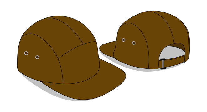 Brown 5 Panels Cap With Flat Brim Cap Template On White Background, Vector File.