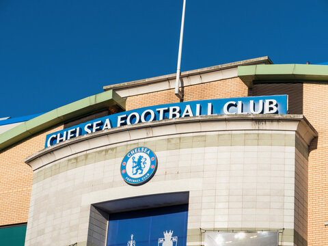 London, England, February 27th 2022: The Outside View Of Stamford Bridge, The Home Ground Of Chelsea Football Club, West London. Chelsea FC Badge Logo Or Emblem.