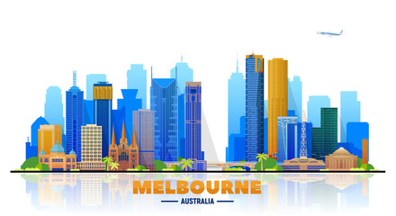 Melbourne Australia skyline vector illustration. White background with a city panorama. Travel picture. Image for Presentation Banner Placard and Web Site.