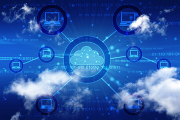 2d illustration of Cloud computing, Digital Cloud computing Concept background. Cyber technology, internet data storage, database and data server concept