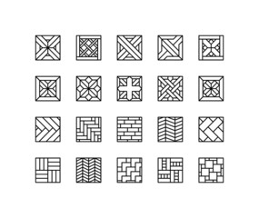 Floor finishing material flat line icons set. Floor from timber such as parquet, laminate, plank and hardwood. Simple flat vector illustration for web site or mobile app