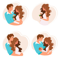 Pregnancy and fatherhood concept illustrations - different scenes with pregnant woman, woman with newborn baby, expecting couple, parents with baby. Vector illustration.