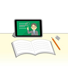 イラスト素材:タブレットでオンライン授業を先生から受ける良いイメージ/ポジティブ
