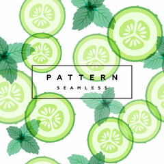 Cucumber and mint leaves seamless pattern. vegetables and herb background. Transparent leaves, vegetables and frame with text is on separate layer.