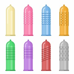 Different forms and types of condoms with tendrils set isolated on white background. Sealed and open latex condoms collection, Contraception method for safe sex. Sexual protection vector illustration