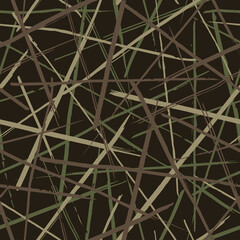 Seamless vector camouflage pattern with green and brown lines on black background. Hand drawn style.