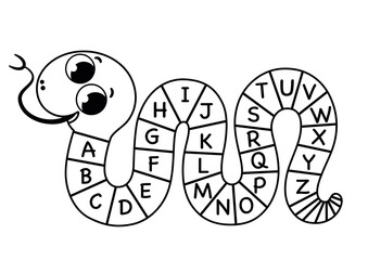 Educational English Alphabet  Vector illustration Fitted on a Snake Cartoon Character. Black and White.