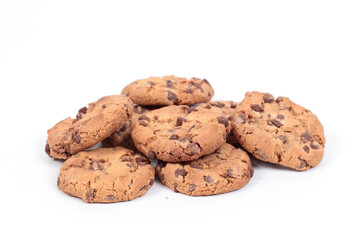Homemade cookies with small pieces of chocolate in composition on white background