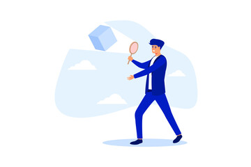 Business case study or marketing research, analyze product prototype or competitor, learning or search for strong and weakness concept, smart businessman use magnifying glass to analyze floating cube.