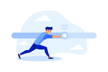 Working project progress, effort to finish work or achieve business success, accomplishment, ambition or career challenge, businessman try hard to push working progress bar to finish in deadline.